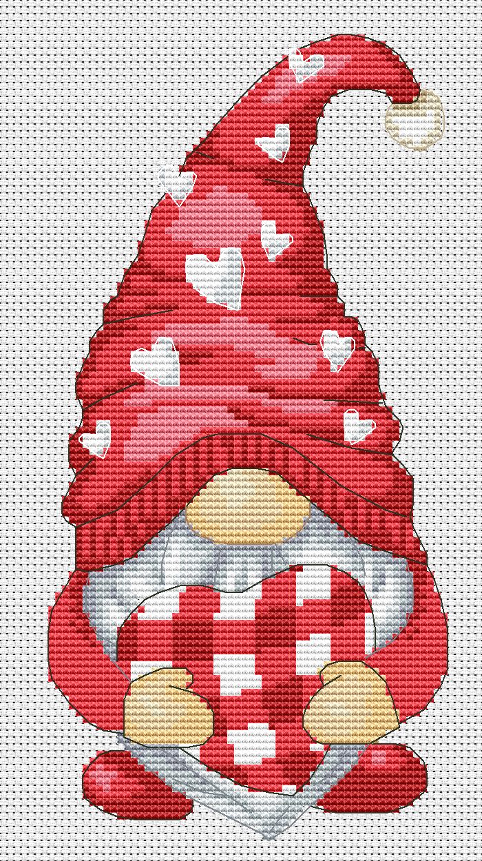 Valentine Day gnome, Cross stitch, Gnomes cross stitch, Modern cross stitch, Cross stitch pattern