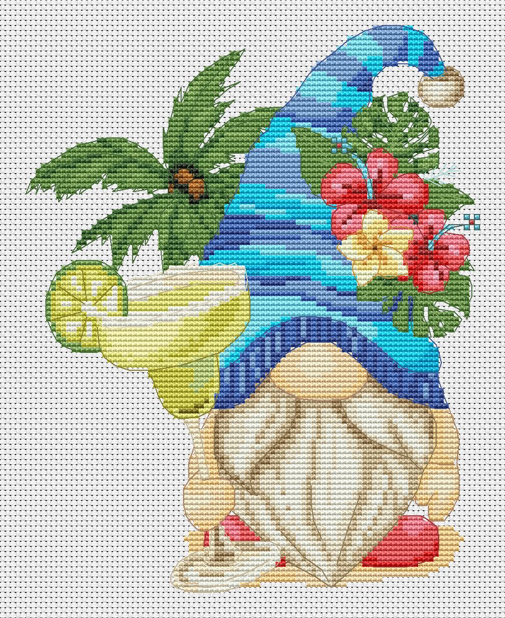 Beach margarita , Cross stitch pattern, Gnomes cross stitch, Holiday cross stitch