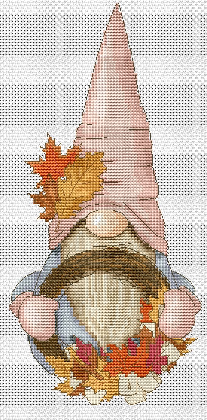 4 Cross stitch patterns, Autumn gnomes
