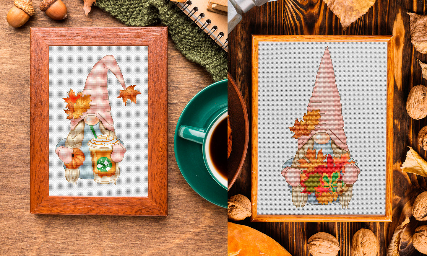 4 Cross stitch patterns, Autumn gnomes