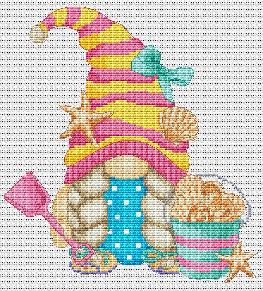 Beach gnome, Cross stitch pattern, Cross stitch chart, Gnomes cross stitch, Modern cross stitch, Funny cross stitch, Holiday cross stitch