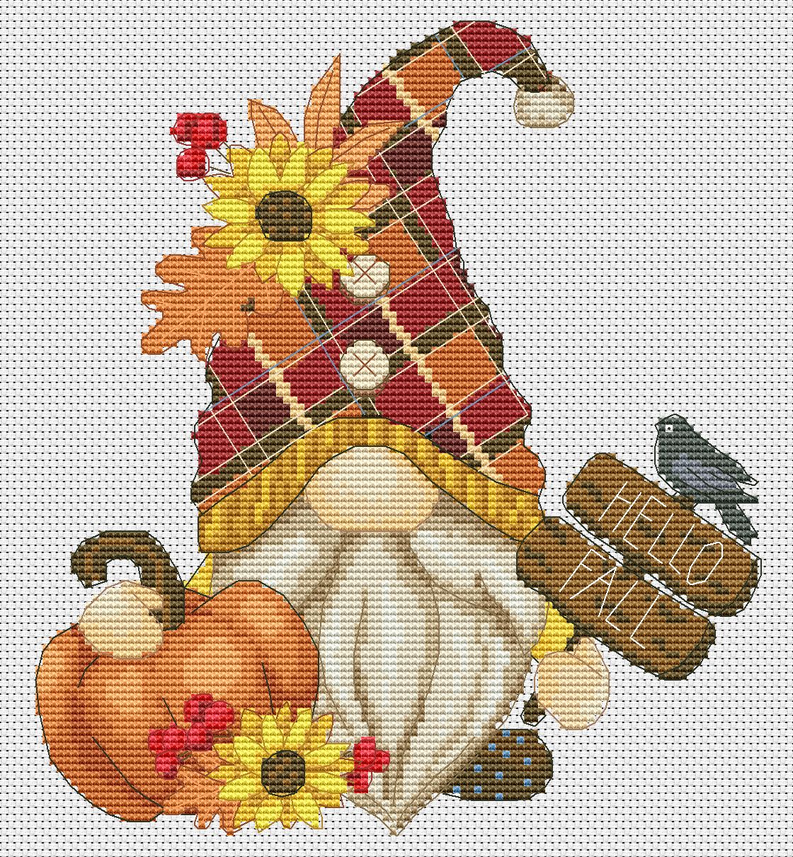 Autumn gnome, Cross stitch pattern, Pumpkins cross stitch, Gnomes cross stitch, Sunflowers cross stitch, Fall cross stitch