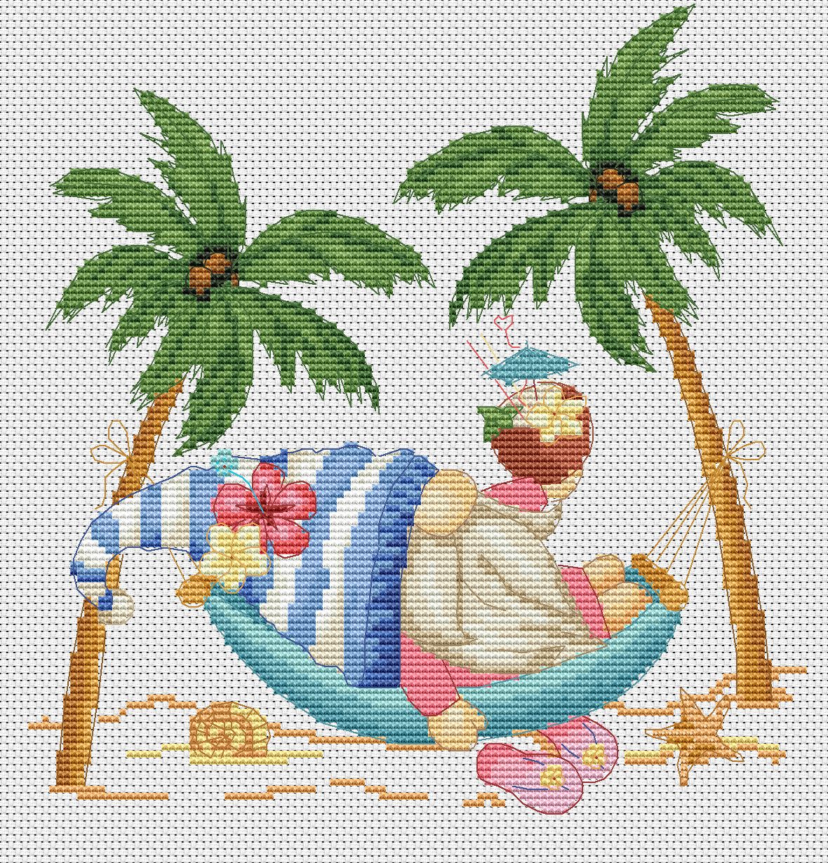 A gnome in a hammock, Cross stitch, Gnomes cross stitch, Summer cross stitch
