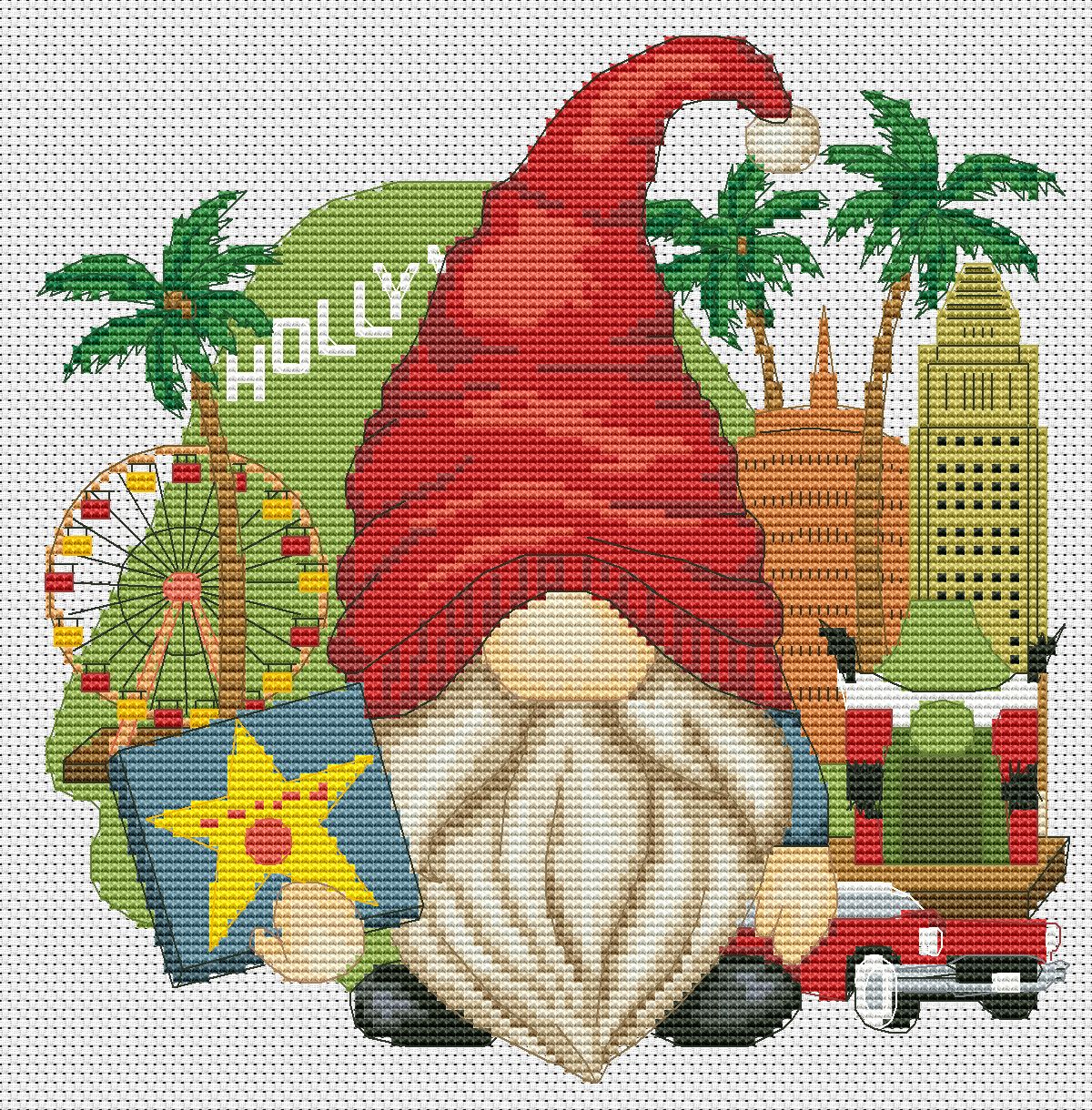 LA gnome, Cross stitch pattern, Gnome cross stitch