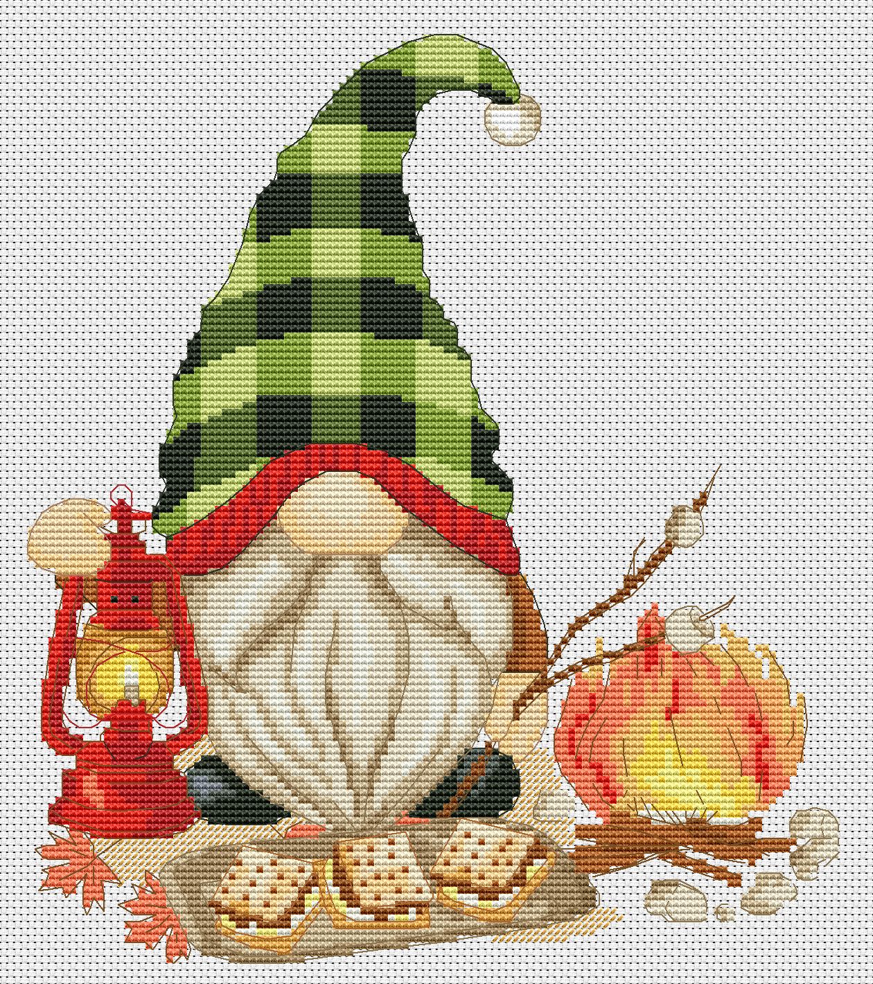 Camping gnome, Cross stitch PDF, Gnomes cross stitch