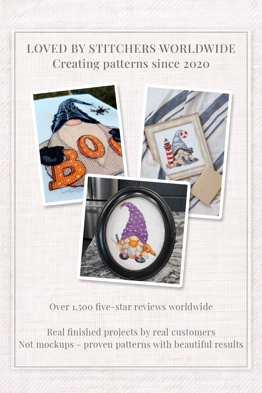 Promotional graphic for a stitching pattern service with images of finished projects and text about the brand's history and customer feedback.