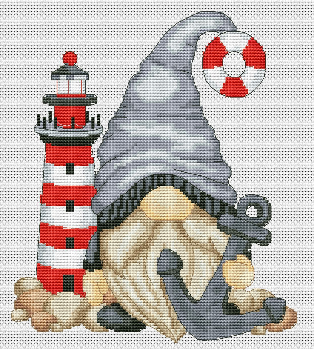 Cross stitch pattern Gnome with lighthouse