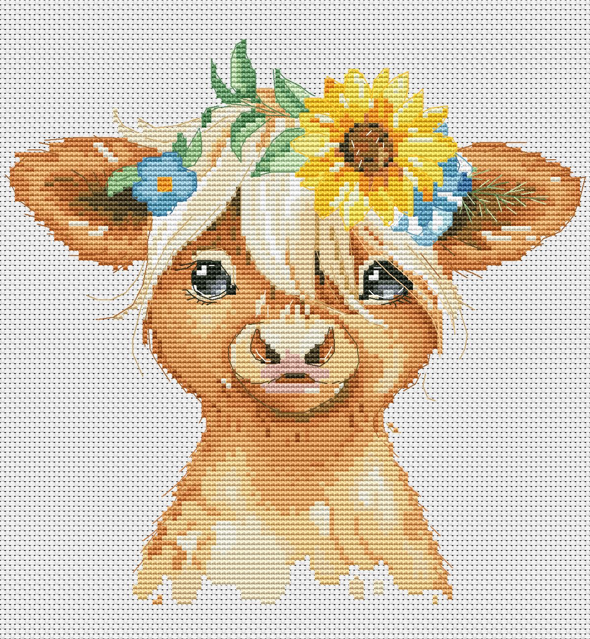 Cross stitch pattern, Highland cow, Cow cross stitch, Floral cross stitch