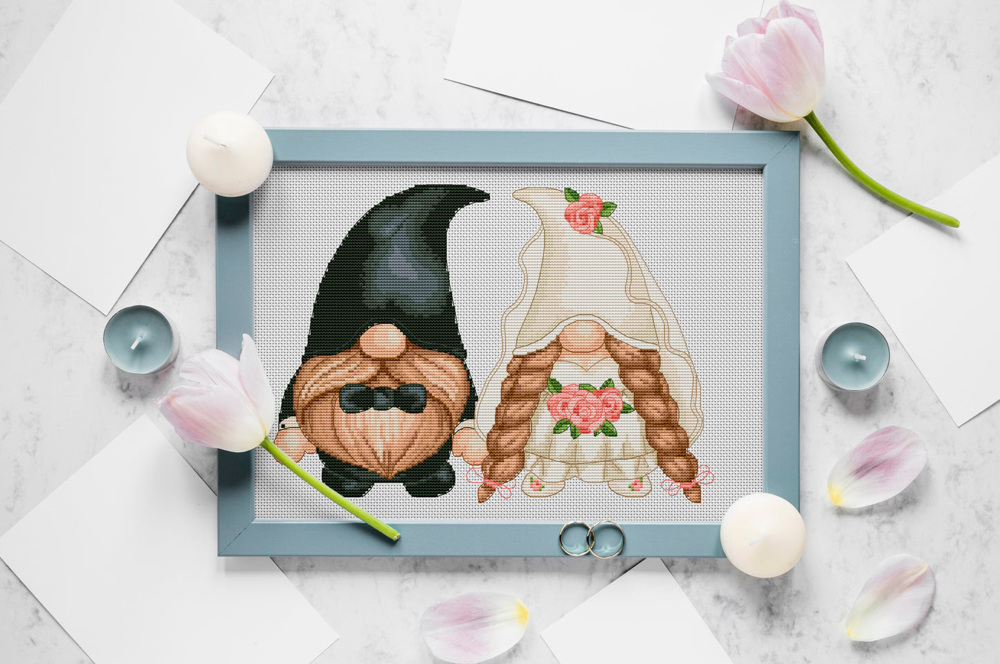 Wedding gnomes, Cross stitch, Wedding cross stitch, Gnomes cross stitch, Modern cross stitch, Wedding gift