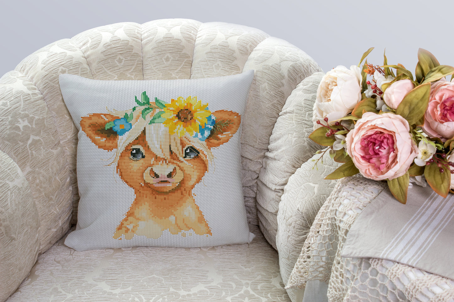 Cross stitch pattern, Highland cow, Cow cross stitch, Floral cross stitch