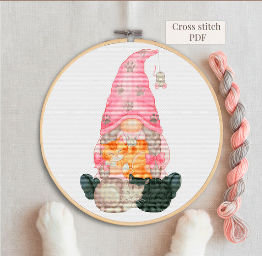 Cozy Cat Gnome Cross Stitch Pattern PDF
