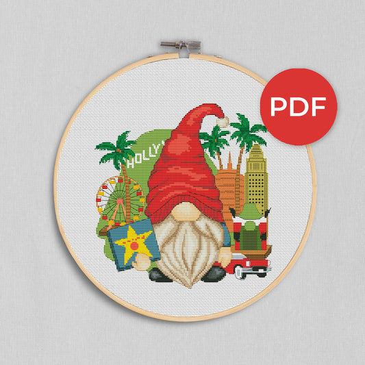 LA gnome, Cross stitch pattern, Gnome cross stitch