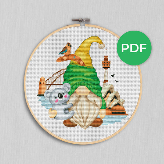 Australian gnome, Cross stitch pattern, Counted cross stitch, Gnomes cross stitch