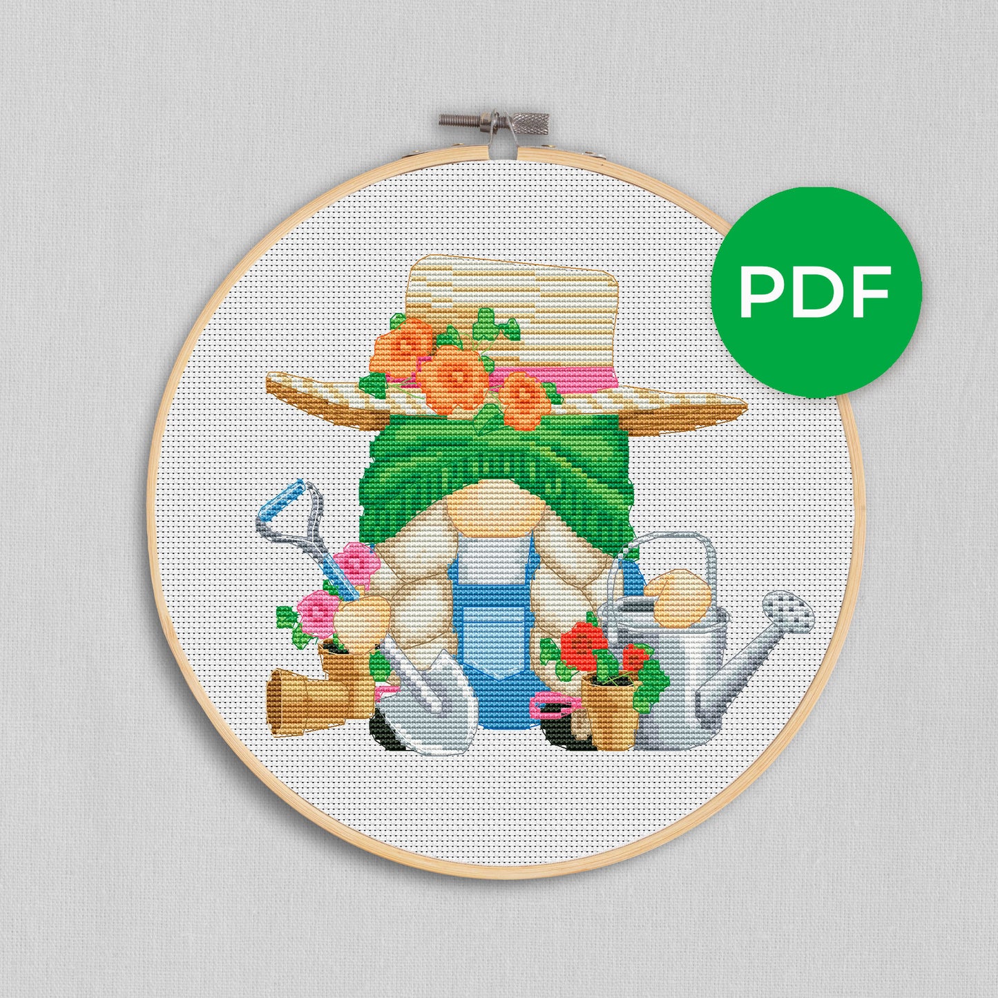 Female Gardener, Cross stitch pattern, Gnomes cross stitch, Floral cross stitch, Spring cross stitch, Funny cross stitch