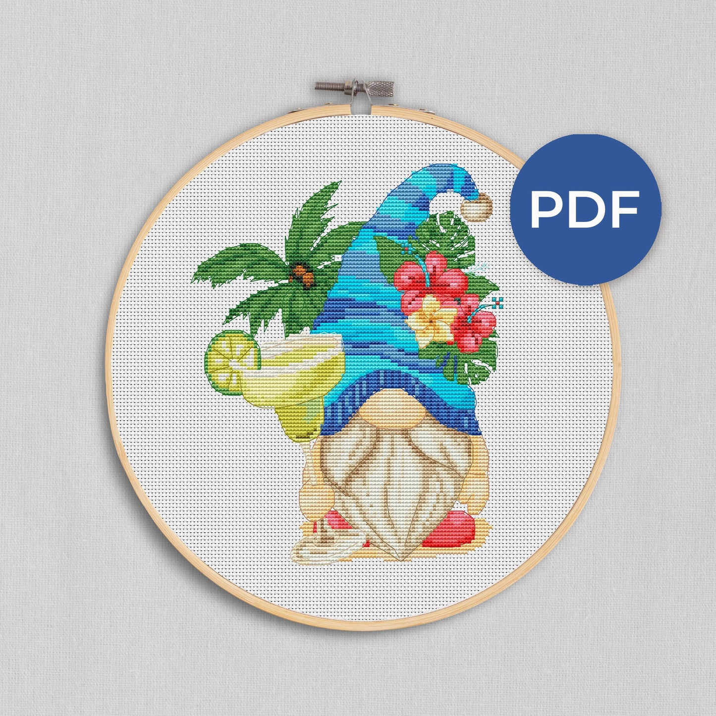 Beach margarita , Cross stitch pattern, Gnomes cross stitch, Holiday cross stitch