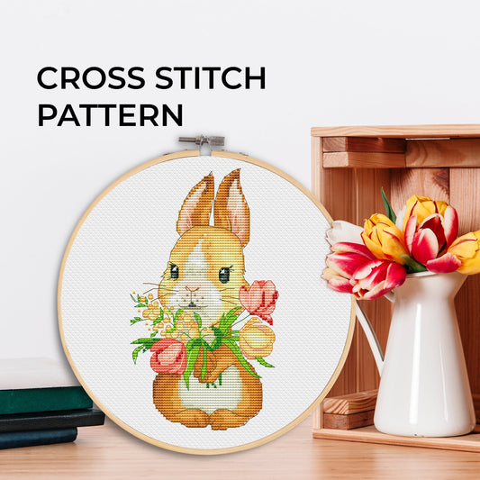 Cross stitch pattern, Bunny, Animal cross stitch, Floral cross stitch