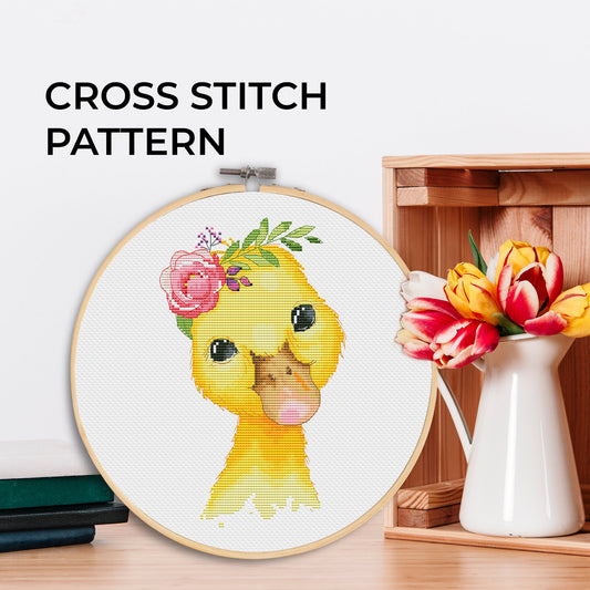 Duck cross stitch pattern, Bird cross stitch, Floral cross stitch, Farm cross stitch