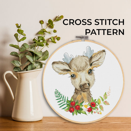 Cross stitch pattern, Christmas deer, Animal cross stitch, Floral cross stitch, Christmas cross stitch