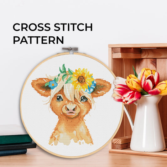 Cross stitch pattern, Highland cow, Cow cross stitch, Floral cross stitch