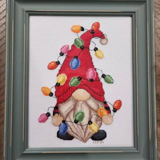 Christmas Gnome with Lights Cross Stitch Pattern