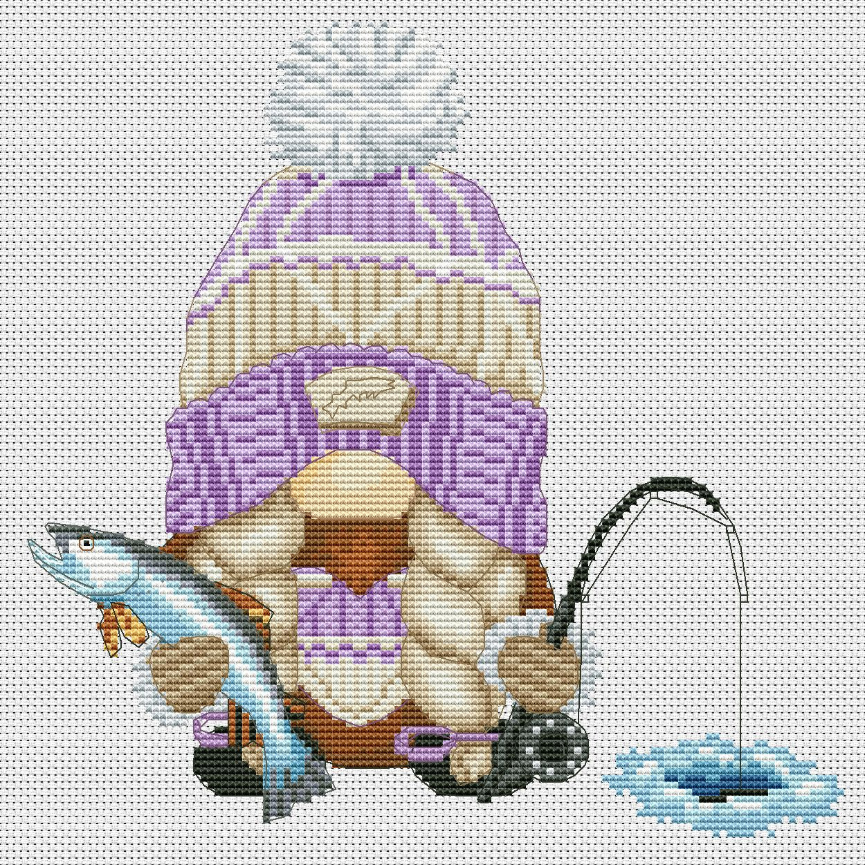 Winter fishing, Cross stitch pattern, Modern cross stitch, Counted cross stitch, Gnomes cross stitch
