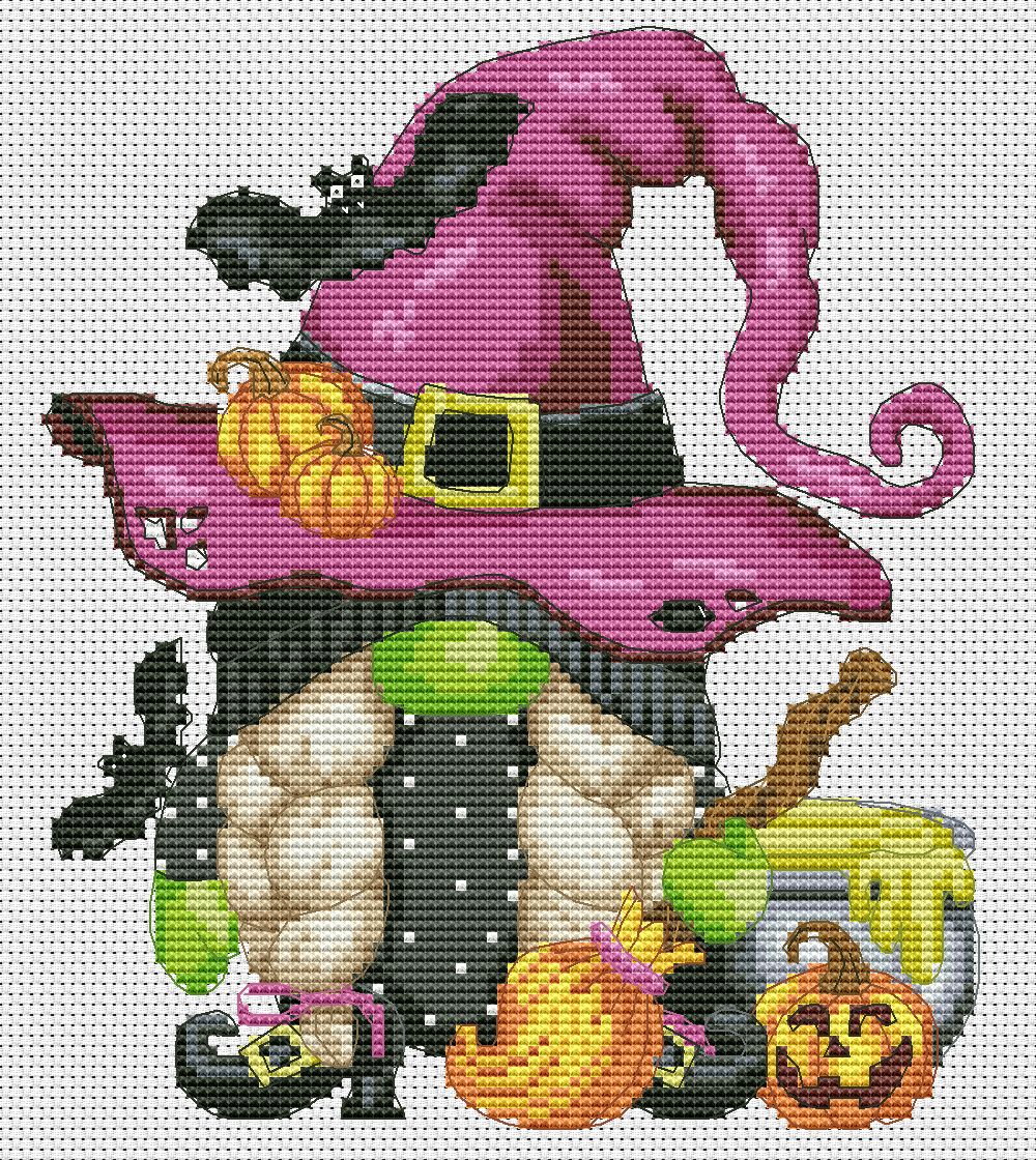 Witch, Halloween cross stitch, Gnomes cross stitch, Modern cross stitch, Cross stitch pattern, Halloween decor, Halloween gift