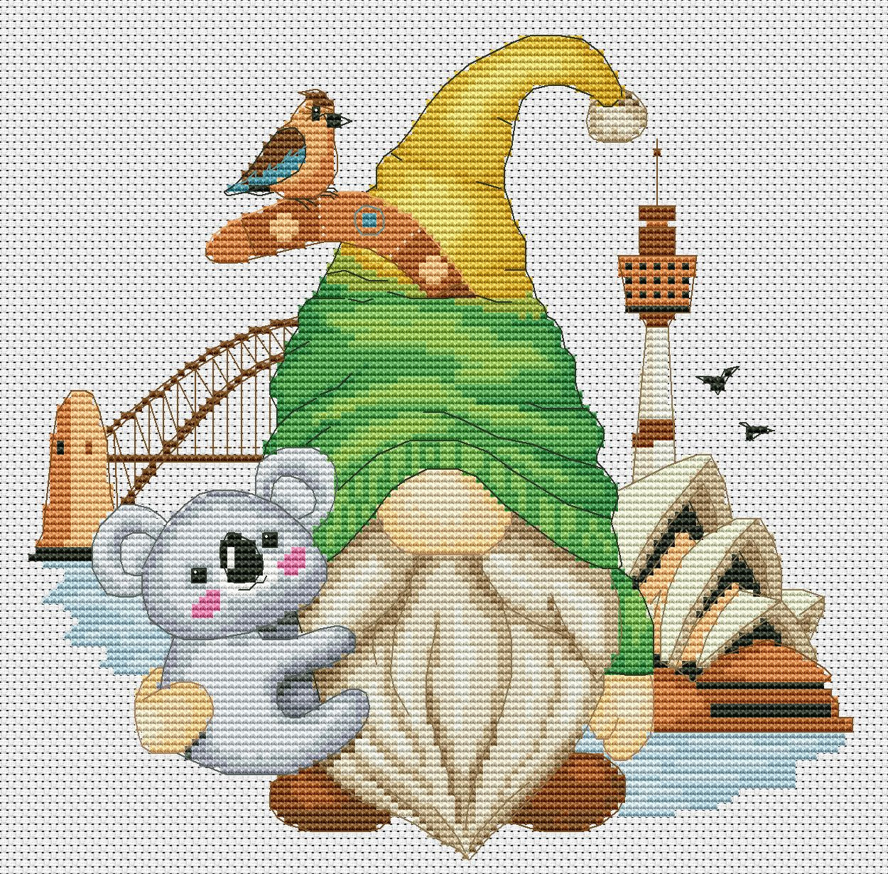 Australian gnome, Cross stitch pattern, Counted cross stitch, Gnomes cross stitch