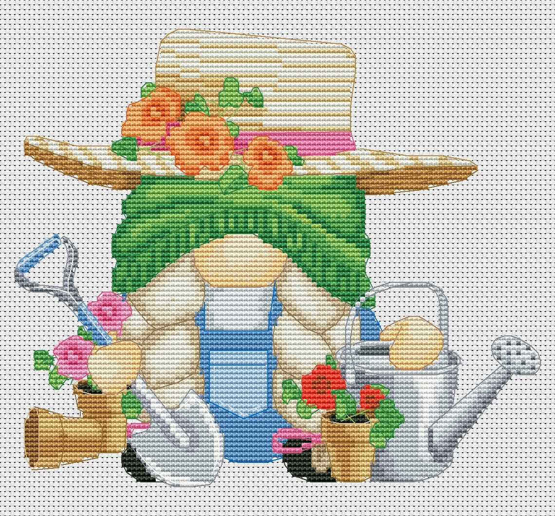 Female Gardener, Cross stitch pattern, Gnomes cross stitch, Floral cross stitch, Spring cross stitch, Funny cross stitch
