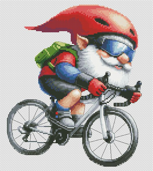 A gnome on a bicycle, Cross stitch pattern