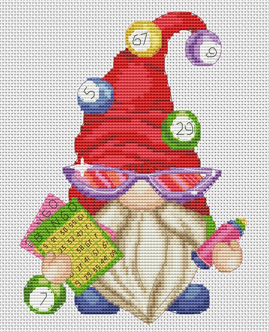 Bingo gnome, Cross stitch, Gnome cross stitch, Cross stitch PDF, Cross stitch chart, Bingo cross stitch, Funny cross stitch