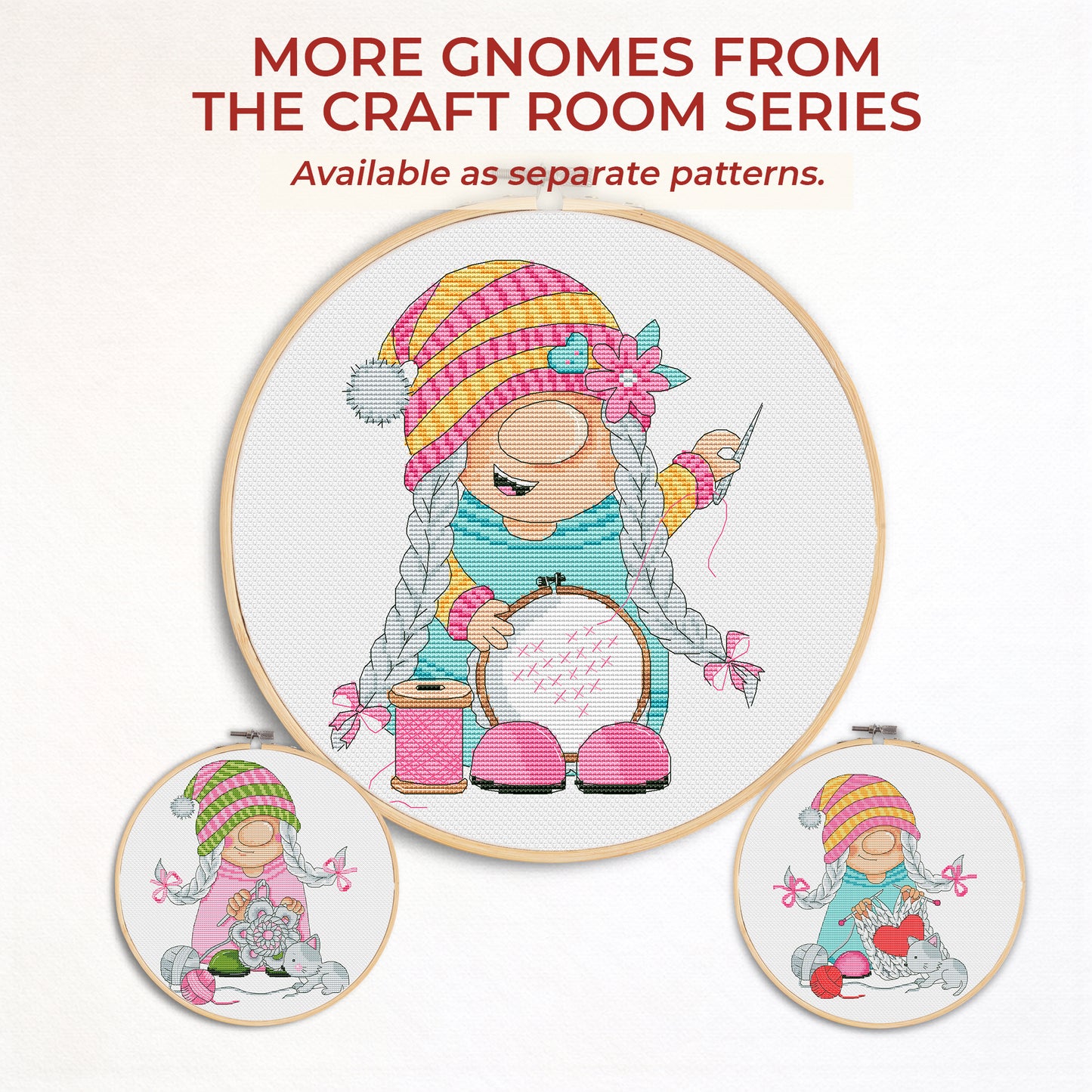 Cross Stitch Pattern Bundle, Craft Room Gnomes, 3 PDF Designs, Sewing and Knitting Decor