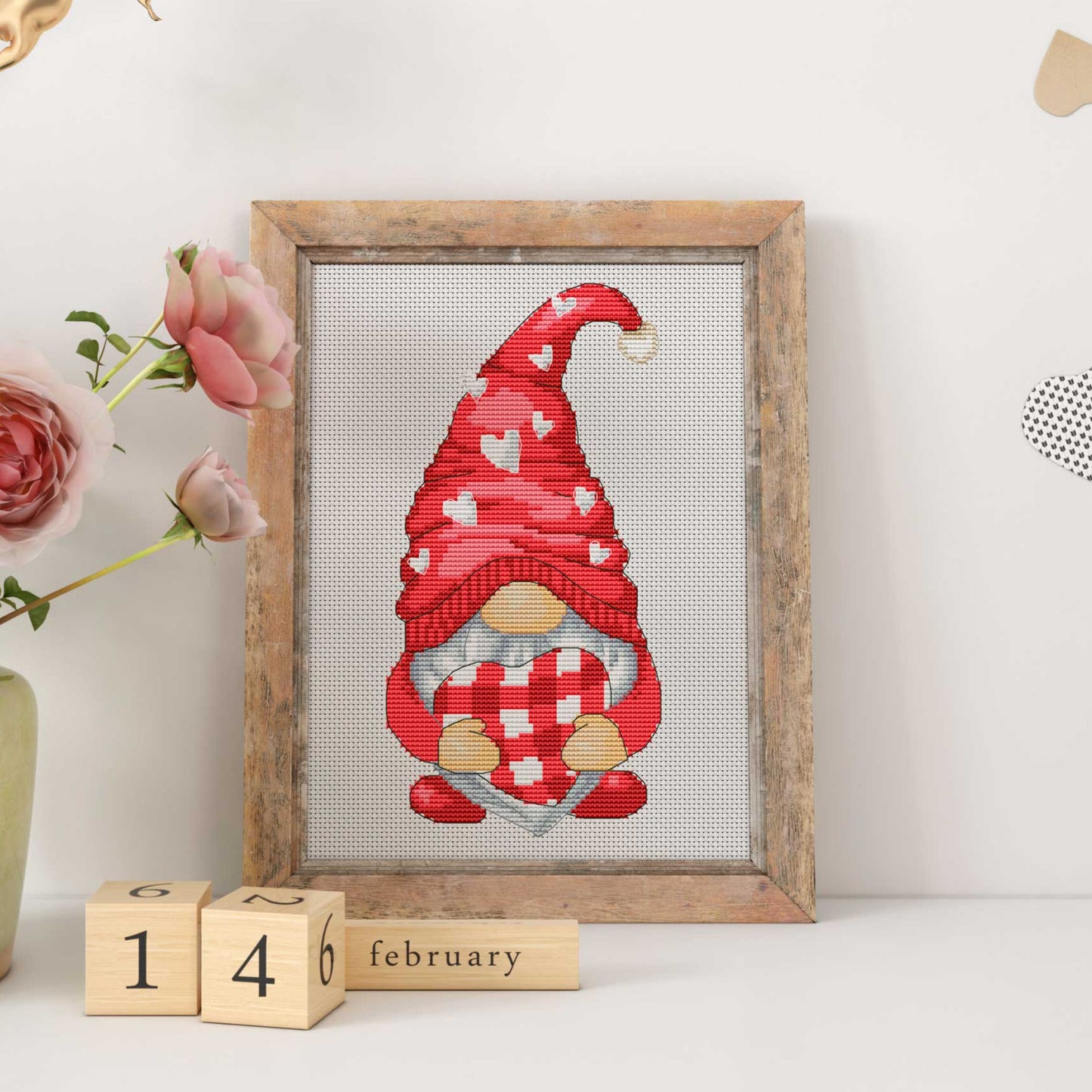 Valentine Day gnome, Cross stitch, Gnomes cross stitch, Modern cross stitch, Cross stitch pattern