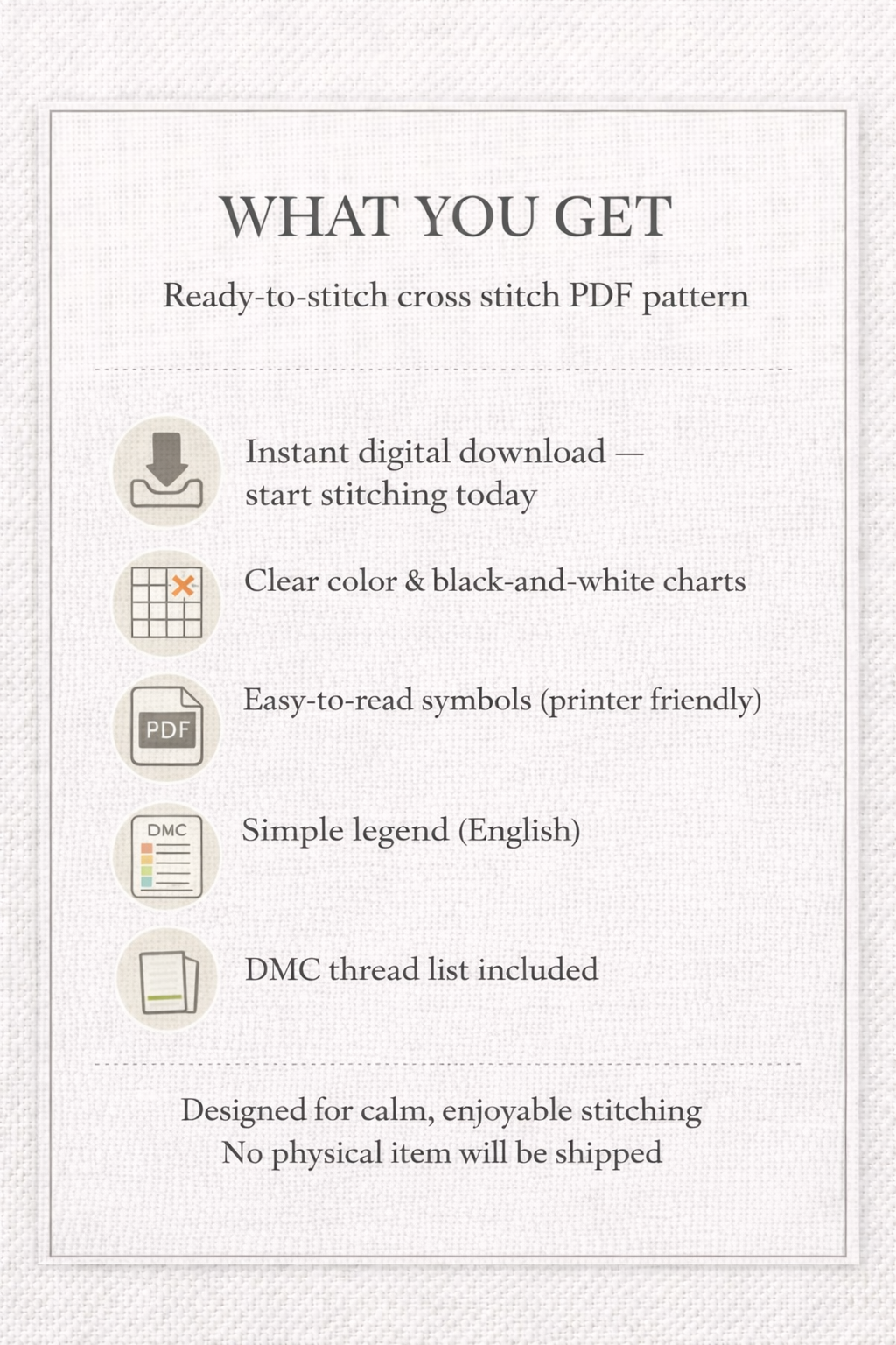 Cross stitch PDF pattern contents preview including charts symbols and DMC thread list
