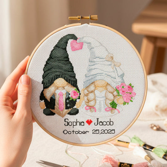 Finished gnome cross stitch embroidery held in hands – handmade modern embroidery design by Cutebroidery, cozy and aesthetic photo