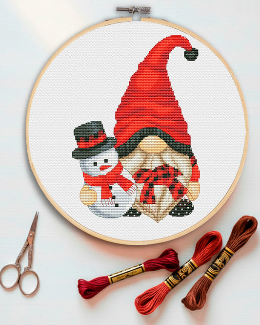Christmas Gnome with Snowman Cross Stitch Pattern