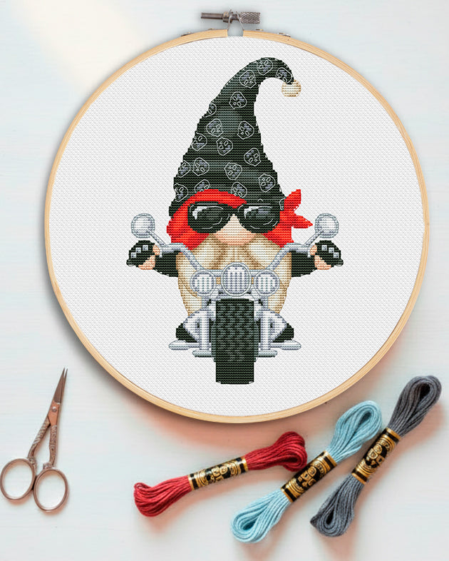 Motorcyclist, Cross stitch pattern, Biker cross stitch, Counted cross stitch, Gnome cross stitch