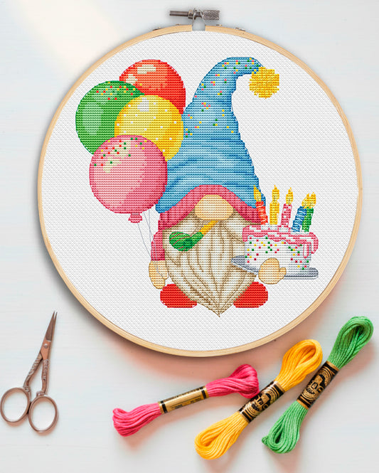 Counted Cross stitch pattern of a Birthday Party Gnome