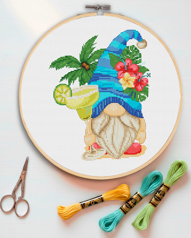 Beach margarita , Cross stitch pattern, Gnomes cross stitch, Holiday cross stitch