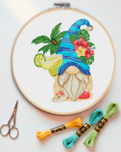 Beach margarita , Cross stitch pattern, Gnomes cross stitch, Holiday cross stitch