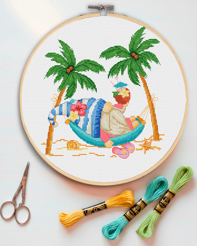 A gnome in a hammock, Cross stitch, Gnomes cross stitch, Summer cross stitch
