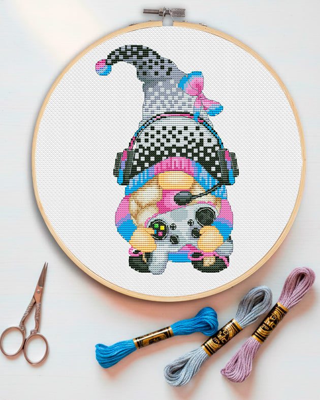 Gamer female, Cross stitch, Gnomes cross stitch, Modern cross stitch