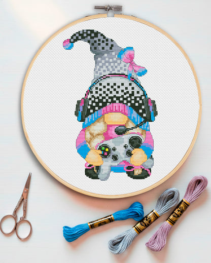 Gamer female, Cross stitch, Gnomes cross stitch, Modern cross stitch
