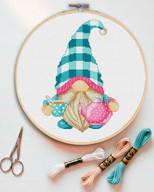 Tea gnome, Cross stitch, Kitchen cross stitch, Gnomes cross stitch, Modern cross stitch, Cross stitch pattern, Cup cross stitch