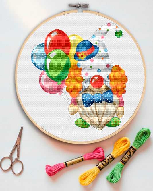 Сross stitch pattern of a colorful Clown Gnome.