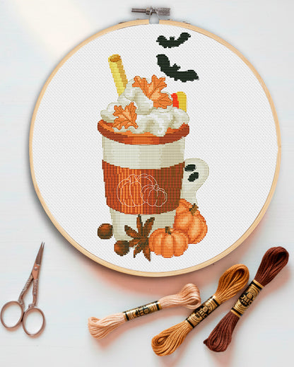 Halloween coffee, Cross stitch pattern, Coffee cross stitch, Ghost cross stitch, Modern cross stitch, Pumpkin cross stitch, Bat cross stitch
