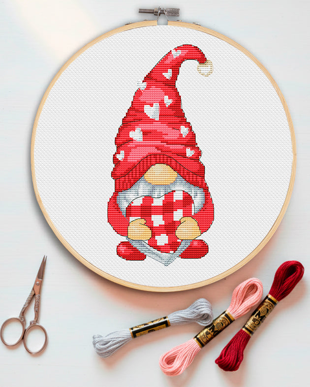 Valentine Day gnome, Cross stitch, Gnomes cross stitch, Modern cross stitch, Cross stitch pattern