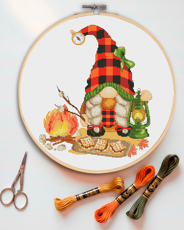 Camping girl, Camping cross stitch, Gnomes cross stitch, Modern cross stitch, Cross stitch pattern