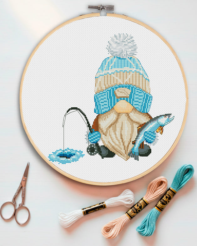 Fisherman, Cross stitch pattern, Fishing cross stitch, Modern cross stitch, Counted cross stitch, Gnomes cross stitch