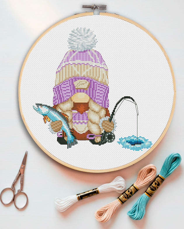 Winter fishing, Cross stitch pattern, Modern cross stitch, Counted cross stitch, Gnomes cross stitch