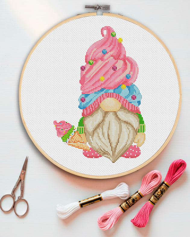 Ice cream gnome, Cross stitch, Cream cross stitch, Gnomes cross stitch, Counted cross stitch, Summer cross stitch, Funny cross stitch